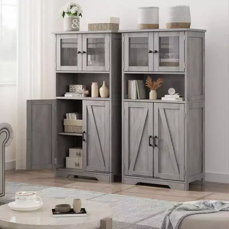 Meuble de salle de bain de 137 cm de haut, armoire de rangement style ferme avec portes vitrées et étagères réglables, armoires de cuisine autonomes, buffet pour chambre
