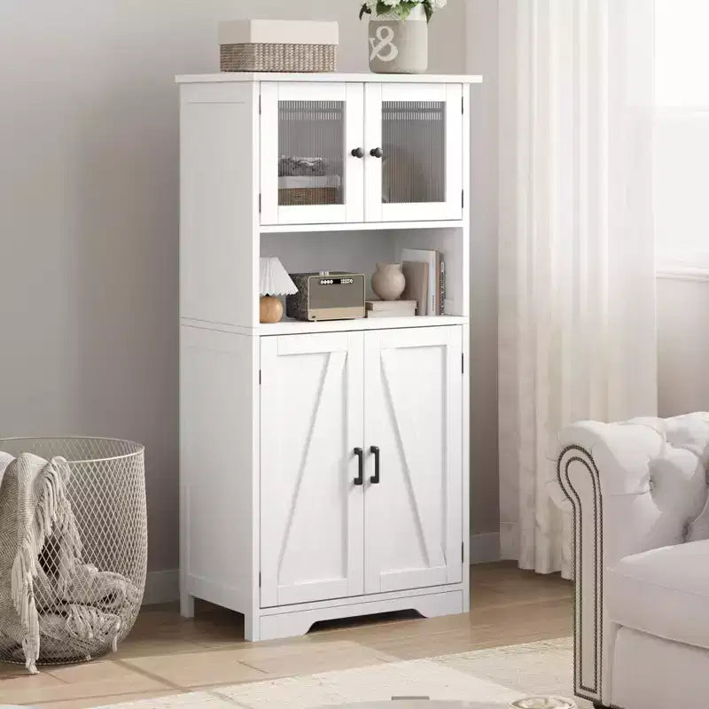 Meuble de salle de bain de 137 cm de haut, armoire de rangement style ferme avec portes vitrées et étagères réglables, armoires de cuisine autonomes, buffet pour chambre