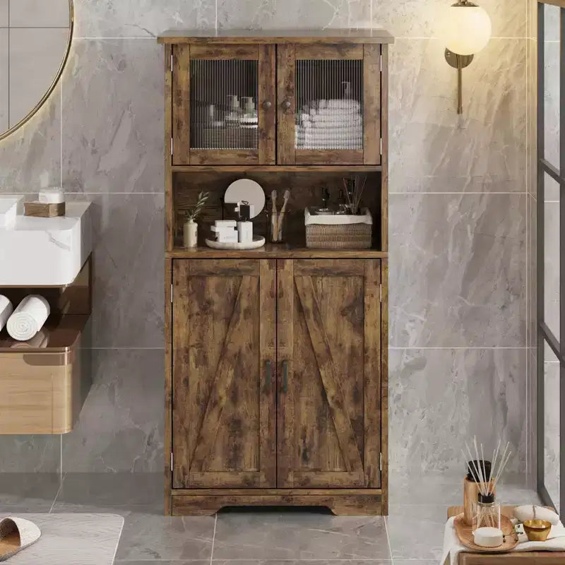 Meuble de salle de bain de 137 cm de haut, armoire de rangement style ferme avec portes vitrées et étagères réglables, armoires de cuisine autonomes, buffet pour chambre
