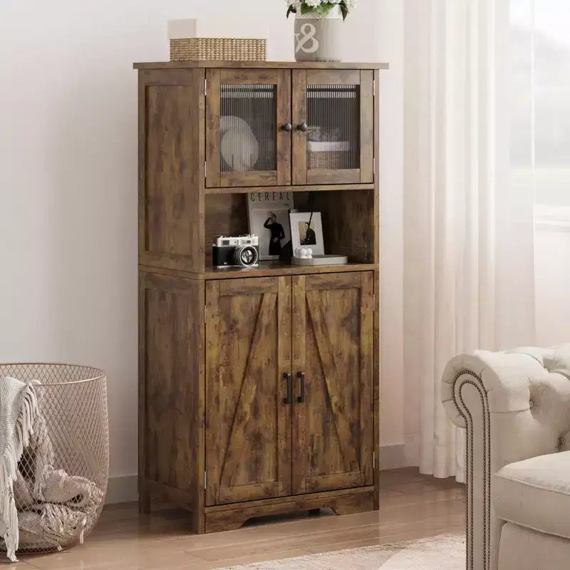 Meuble de salle de bain de 137 cm de haut, armoire de rangement style ferme avec portes vitrées et étagères réglables, armoires de cuisine autonomes, buffet pour chambre