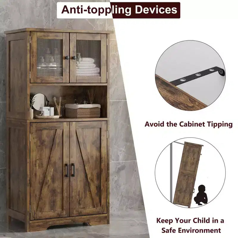 Meuble de salle de bain de 137 cm de haut, armoire de rangement style ferme avec portes vitrées et étagères réglables, armoires de cuisine autonomes, buffet pour chambre