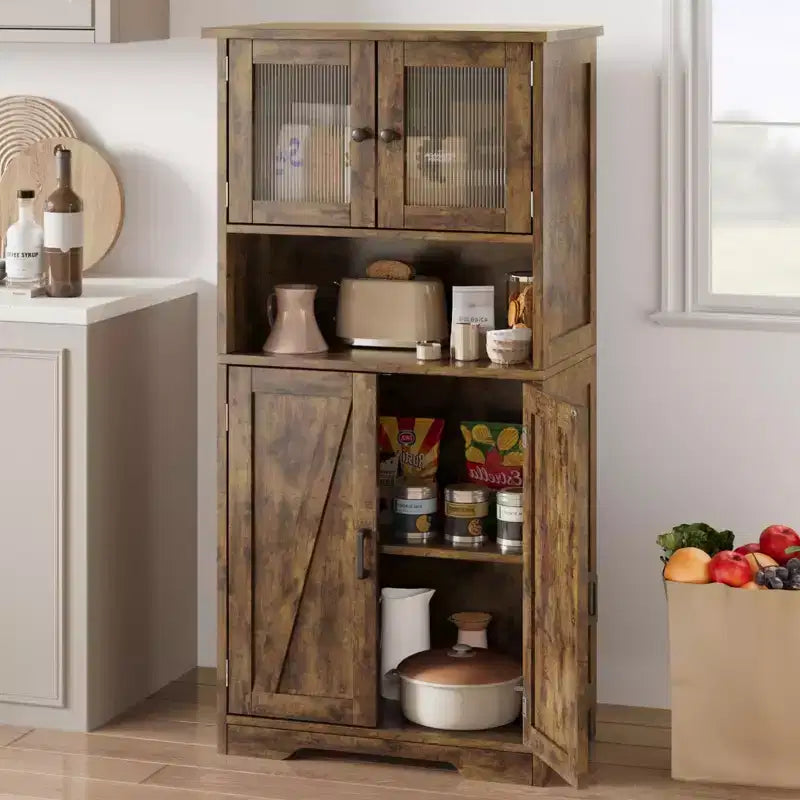 54in Tall Bathroom Cabinet, Farmhouse Storage Cabinet with Glass Doors and Adjustable Shelves, Freestanding Kitchen Pantry Cabinets, Cupboard for Room