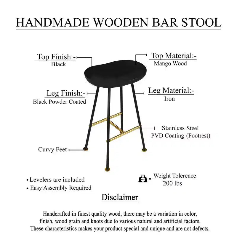 Royal Hampton 24 Backless Counter Stool with Mango Wood Saddle Seat | Black Iron Legs | Gold Footrest