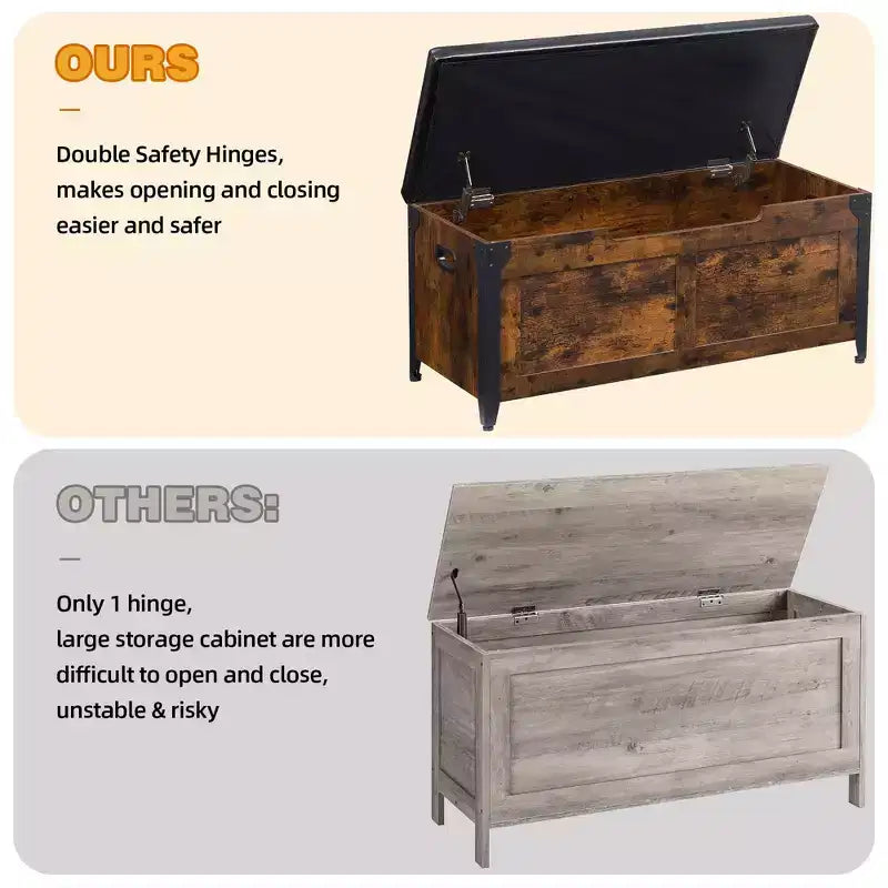 Wooden Storage Chest Bench,Leather Entryway Shoes Bench with Flip Top, Lift Top Storage Trunk with 2 Safety Hinges for Living Room