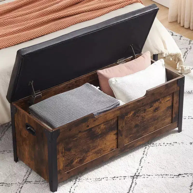 Wooden Storage Chest Bench,Leather Entryway Shoes Bench with Flip Top, Lift Top Storage Trunk with 2 Safety Hinges for Living Room