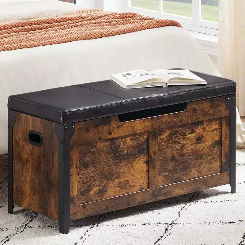 Wooden Storage Chest Bench,Leather Entryway Shoes Bench with Flip Top, Lift Top Storage Trunk with 2 Safety Hinges for Living Room