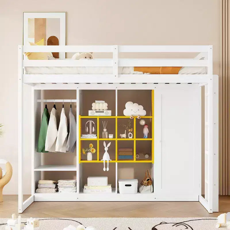 Lit mezzanine en bois double/grand avec armoire, étagères colorées et placard, escalier réversible - ModernLuxe