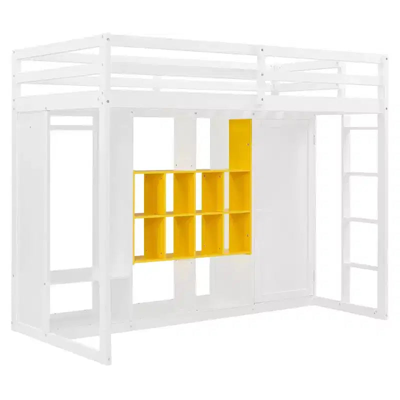 Lit mezzanine en bois double/grand avec armoire, étagères colorées et placard, escalier réversible - ModernLuxe