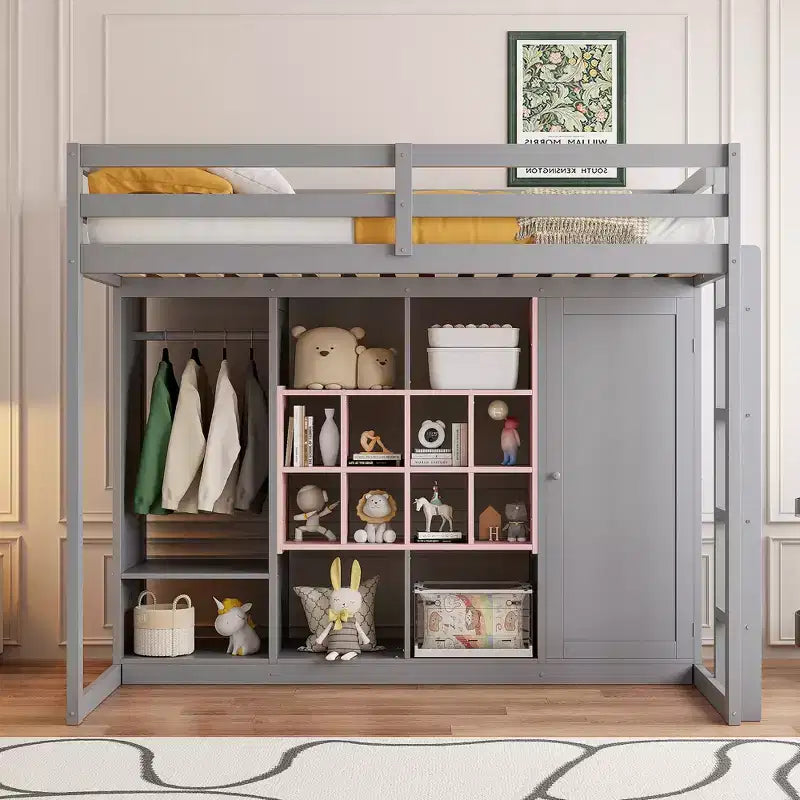 Lit mezzanine en bois double/grand avec armoire, étagères colorées et placard, escalier réversible - ModernLuxe