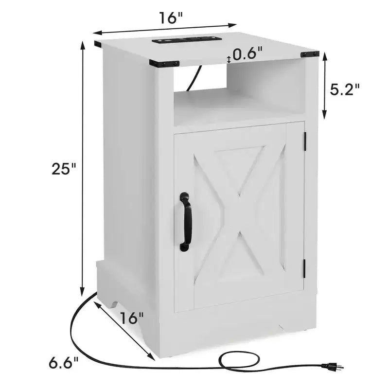RoyalCraft Farmhouse Nightstand with Charging Station, Rustic End Table with Shelf and Storage for Bedroom or Home Office, White