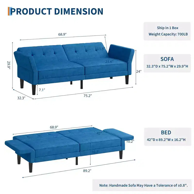 GustoWave 89 Convertible Futon Sofa Bed - Adjustable Backrest & Armrest for Living Room, Bedroom or Apartments