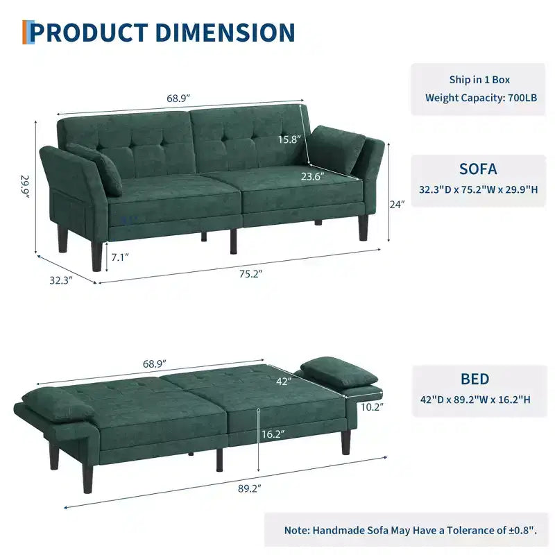 GustoWave 89 Convertible Futon Sofa Bed - Adjustable Backrest & Armrest for Living Room, Bedroom or Apartments