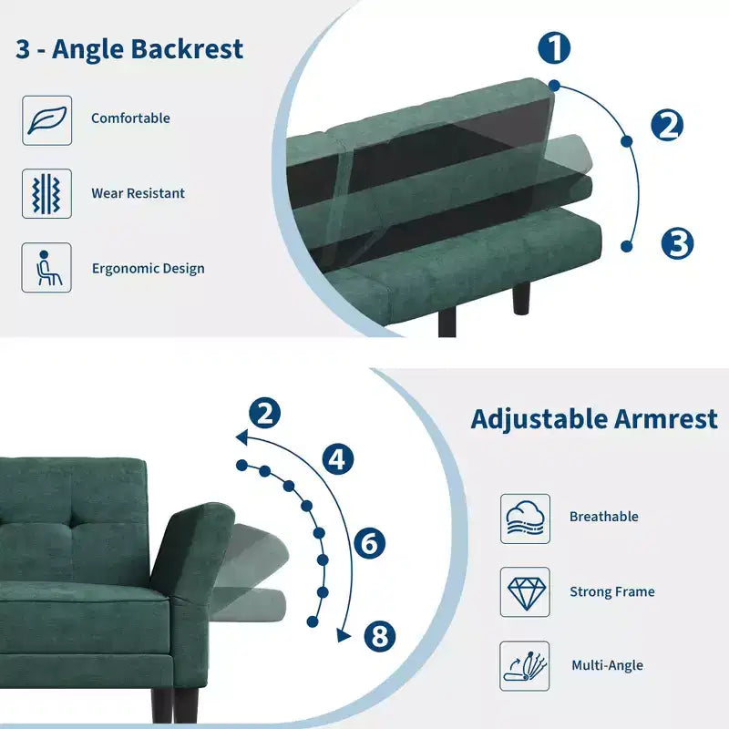 GustoWave 89 Convertible Futon Sofa Bed - Adjustable Backrest & Armrest for Living Room, Bedroom or Apartments