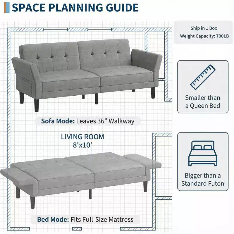 GustoWave 89 Convertible Futon Sofa Bed - Adjustable Backrest & Armrest for Living Room, Bedroom or Apartments