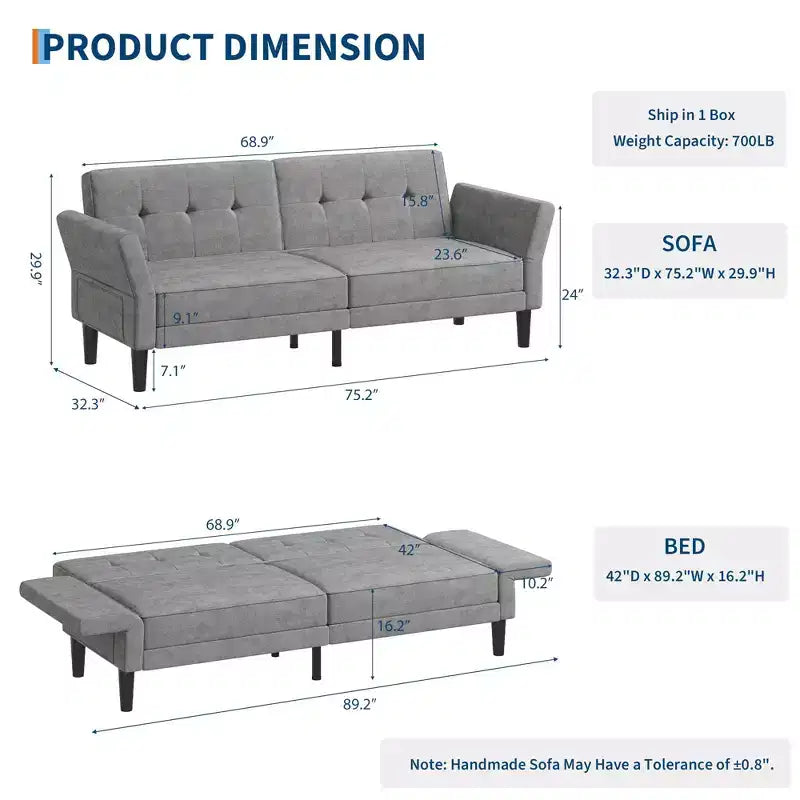 GustoWave 89 Convertible Futon Sofa Bed - Adjustable Backrest & Armrest for Living Room, Bedroom or Apartments