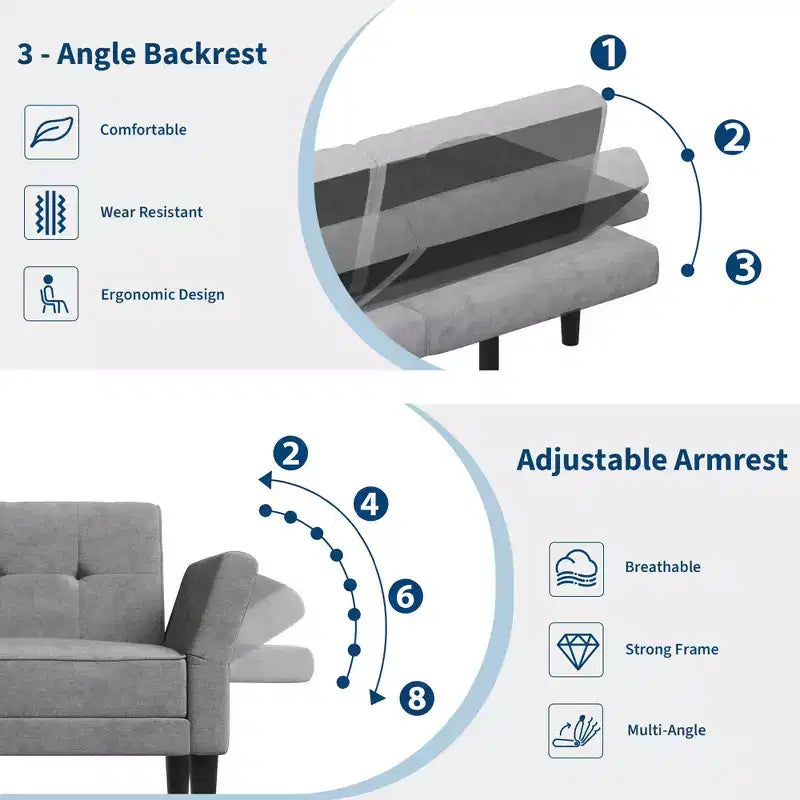 GustoWave 89 Convertible Futon Sofa Bed - Adjustable Backrest & Armrest for Living Room, Bedroom or Apartments