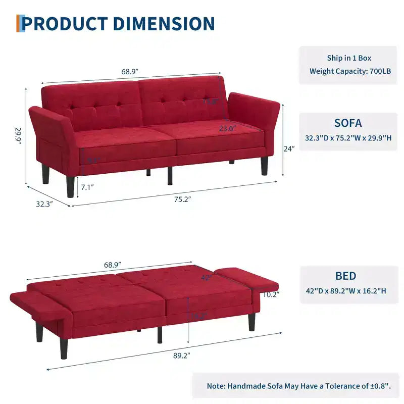 GustoWave 89 Convertible Futon Sofa Bed - Adjustable Backrest & Armrest for Living Room, Bedroom or Apartments