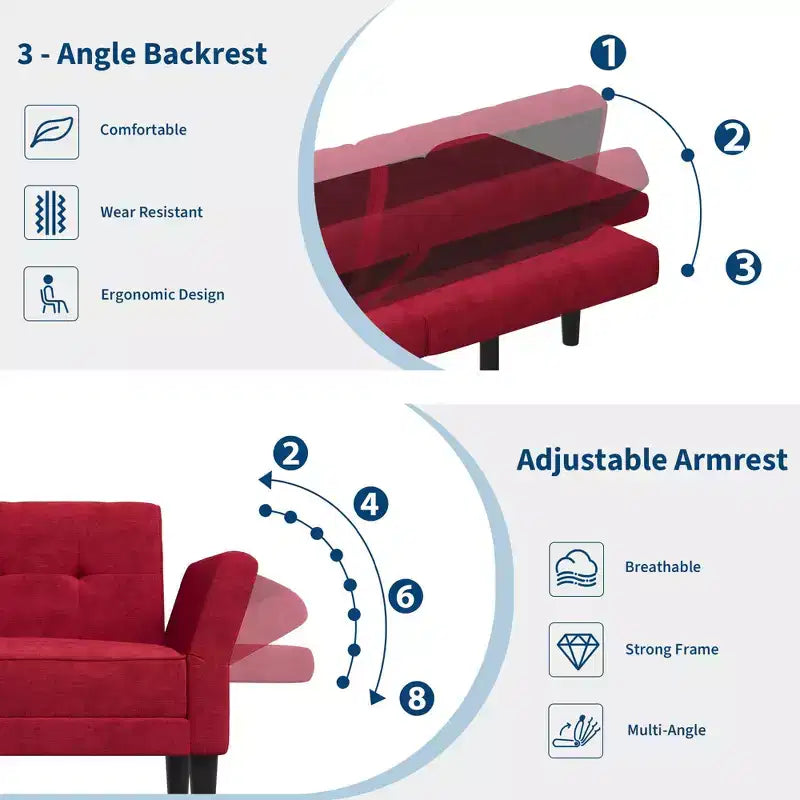 GustoWave 89 Convertible Futon Sofa Bed - Adjustable Backrest & Armrest for Living Room, Bedroom or Apartments