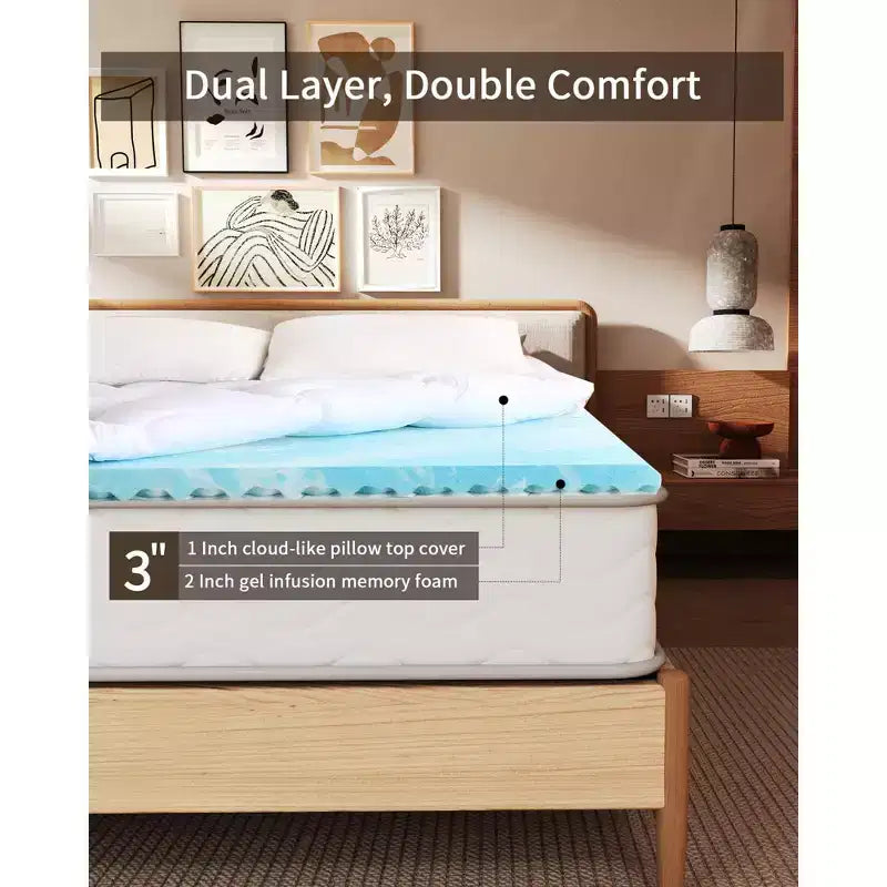 Dyonery 3/4 Inch Memory Foam Mattress Topper , 2 Inch Cooling 5-Zone Gel Memory Foam Plus 1 Inch Down Alternative Pillow Top Mattress Topper