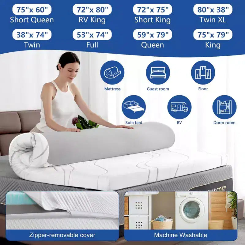 Dyonery 3/4 Inch Memory Foam Mattress Topper , 2 Inch Cooling 5-Zone Gel Memory Foam Plus 1 Inch Down Alternative Pillow Top Mattress Topper
