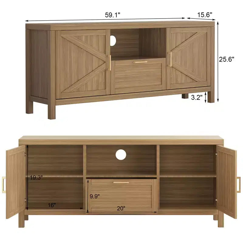 Meuble TV, Meuble TV de style ferme pour téléviseurs de 65 pouces - Console multimédia avec rangement et étagères réglables
