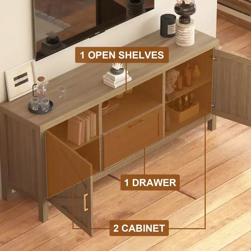 Meuble TV, Meuble TV de style ferme pour téléviseurs de 65 pouces - Console multimédia avec rangement et étagères réglables