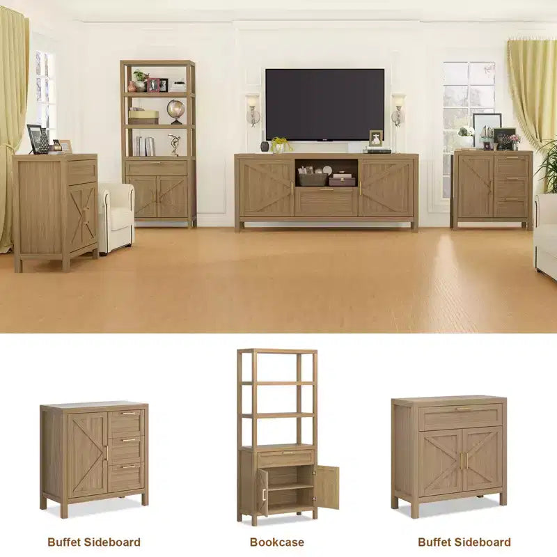 Meuble TV, Meuble TV de style ferme pour téléviseurs de 65 pouces - Console multimédia avec rangement et étagères réglables