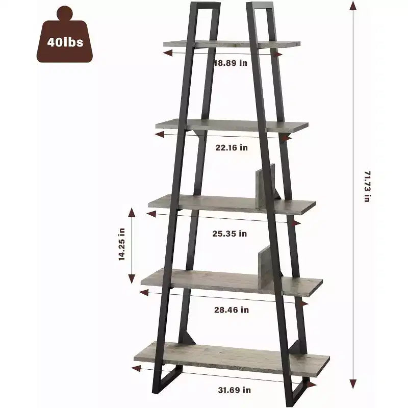 5 Tier Bookshelf, 71 Tall Industrial Large Bookcase Large Etagere Bookshelf, Freestanding Open Wide Book Shelf, Modern Book Case for Living Room