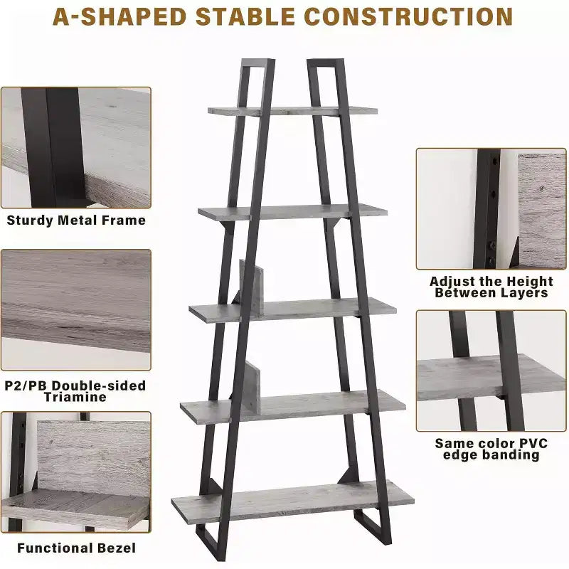 5 Tier Bookshelf, 71 Tall Industrial Large Bookcase Large Etagere Bookshelf, Freestanding Open Wide Book Shelf, Modern Book Case for Living Room