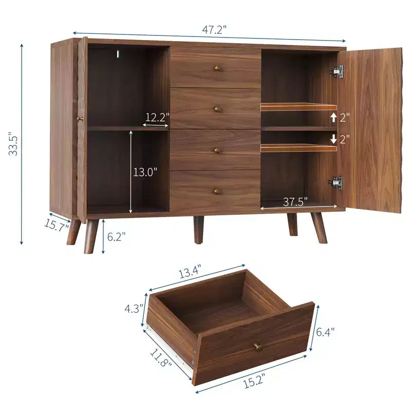 47.2 W Sideboard Buffets Cabinet with 4 Drawers, Buffets Cabinet with Storage, Wood Farmhouse, Buffet Cabinets with Storage 2 Door for Living Room