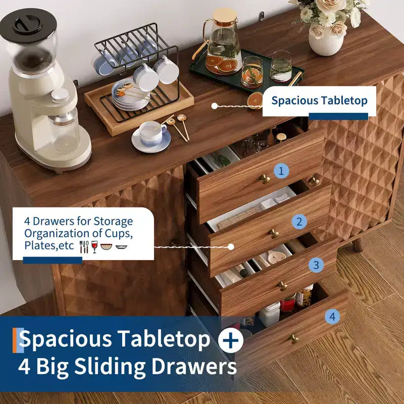 47.2 W Sideboard Buffets Cabinet with 4 Drawers, Buffets Cabinet with Storage, Wood Farmhouse, Buffet Cabinets with Storage 2 Door for Living Room