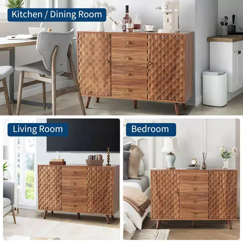 47.2 W Sideboard Buffets Cabinet with 4 Drawers, Buffets Cabinet with Storage, Wood Farmhouse, Buffet Cabinets with Storage 2 Door for Living Room