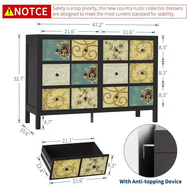 Commode à 6 tiroirs TROPOW pour chambre à coucher, commode rustique en bois avec poignées en métal, tiroirs à motif floral rétro, commode de style ferme