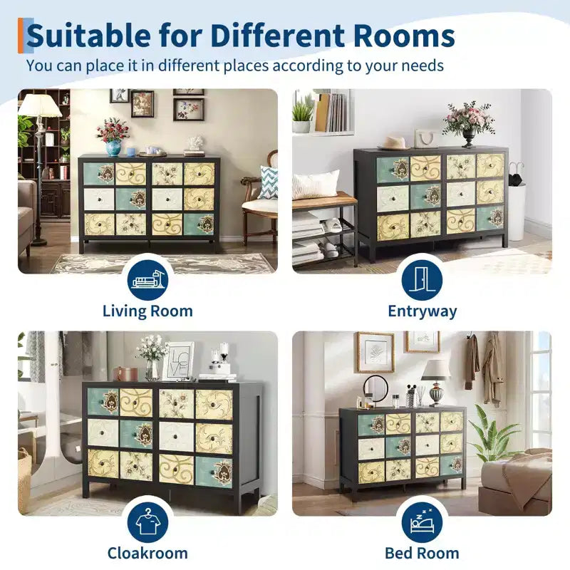 Commode à 6 tiroirs TROPOW pour chambre à coucher, commode rustique en bois avec poignées en métal, tiroirs à motif floral rétro, commode de style ferme