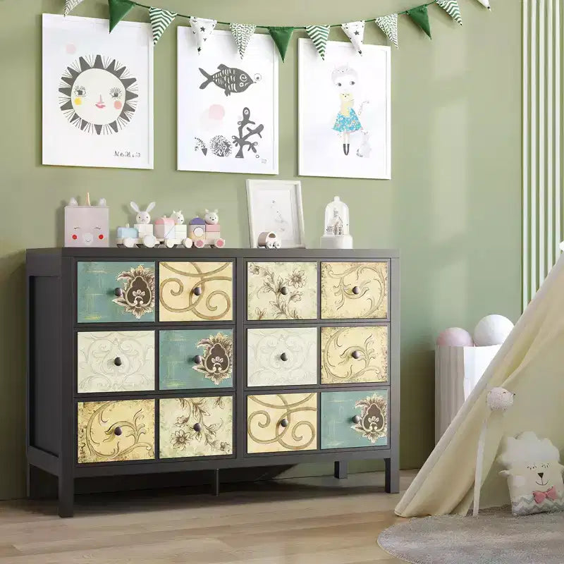 Commode à 6 tiroirs TROPOW pour chambre à coucher, commode rustique en bois avec poignées en métal, tiroirs à motif floral rétro, commode de style ferme