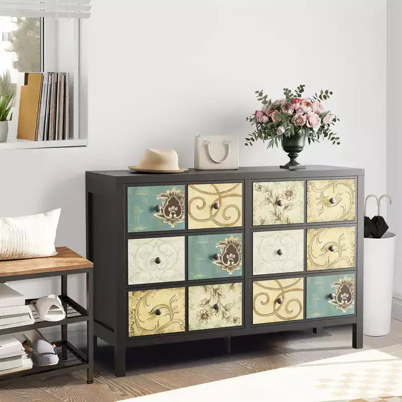 Commode à 6 tiroirs TROPOW pour chambre à coucher, commode rustique en bois avec poignées en métal, tiroirs à motif floral rétro, commode de style ferme
