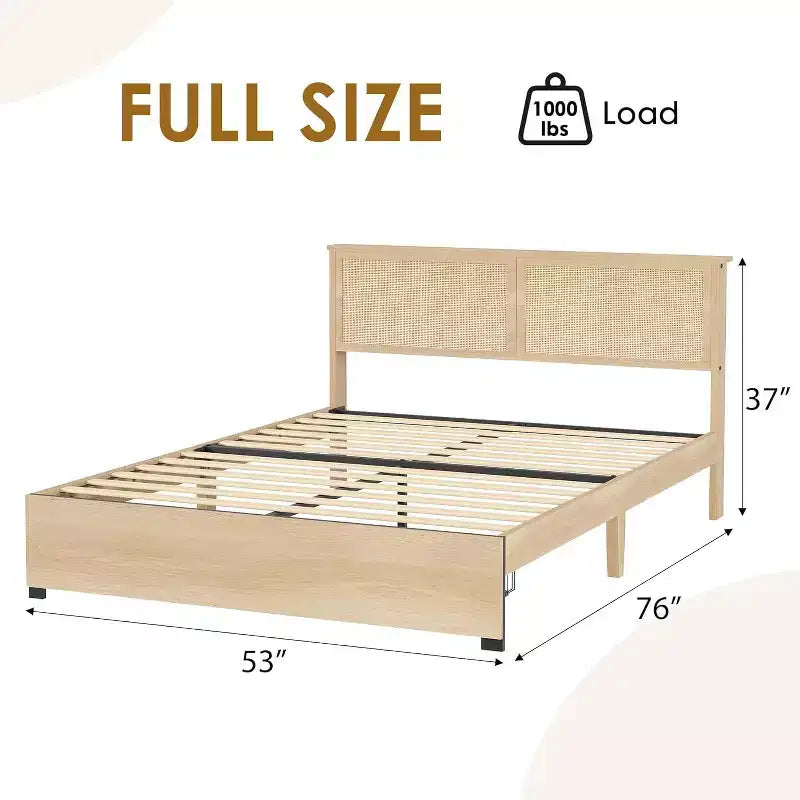 Cadre de lit plateforme pleine grandeur Acekool avec tête de lit en rotin, 2 tiroirs, lattes en bois robustes, design silencieux, pas besoin de sommier tapissier
