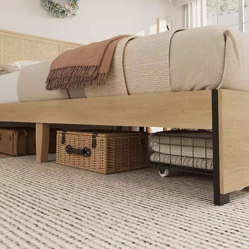 Cadre de lit plateforme pleine grandeur Acekool avec tête de lit en rotin, 2 tiroirs, lattes en bois robustes, design silencieux, pas besoin de sommier tapissier