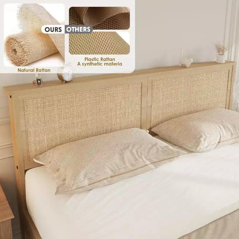 Cadre de lit plateforme pleine grandeur Acekool avec tête de lit en rotin, 2 tiroirs, lattes en bois robustes, design silencieux, pas besoin de sommier tapissier