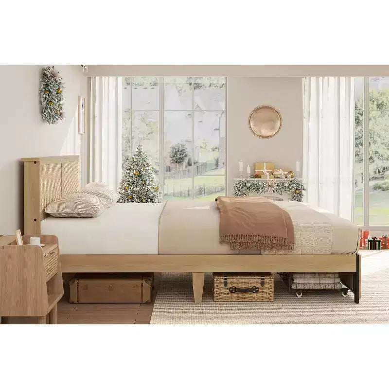Cadre de lit plateforme pleine grandeur Acekool avec tête de lit en rotin, 2 tiroirs, lattes en bois robustes, design silencieux, pas besoin de sommier tapissier