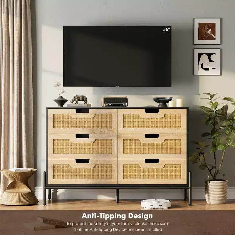 Commode en rotin naturel à 6 tiroirs, commode en bois, armoire de rangement de style ferme avec pieds en métal