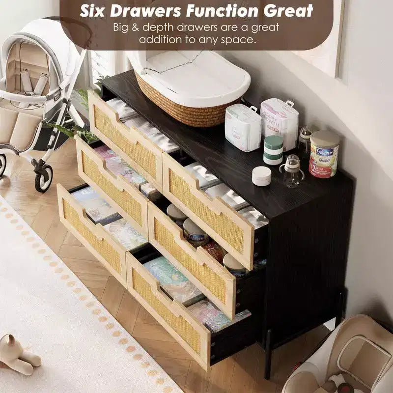 Commode en rotin naturel à 6 tiroirs, commode en bois, armoire de rangement de style ferme avec pieds en métal