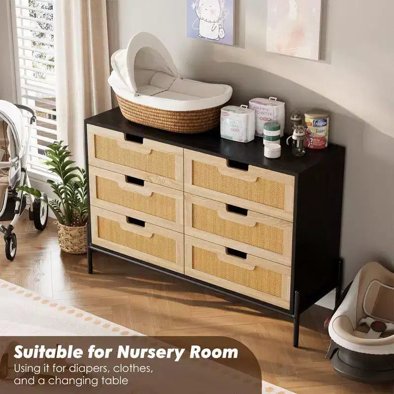 Commode en rotin naturel à 6 tiroirs, commode en bois, armoire de rangement de style ferme avec pieds en métal