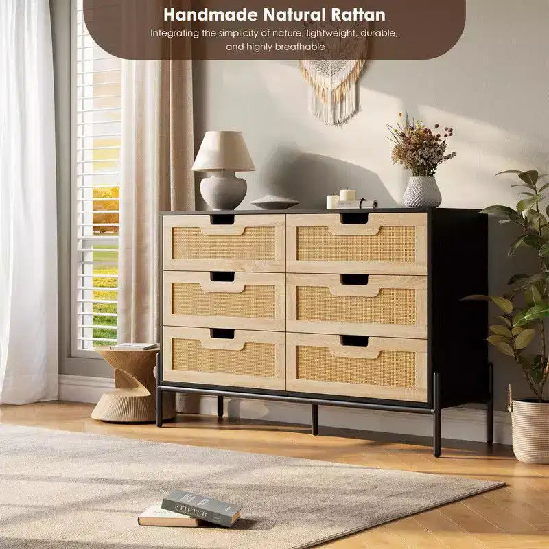 Commode en rotin naturel à 6 tiroirs, commode en bois, armoire de rangement de style ferme avec pieds en métal