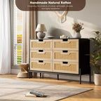 Commode en rotin naturel à 6 tiroirs, commode en bois, armoire de rangement de style ferme avec pieds en métal