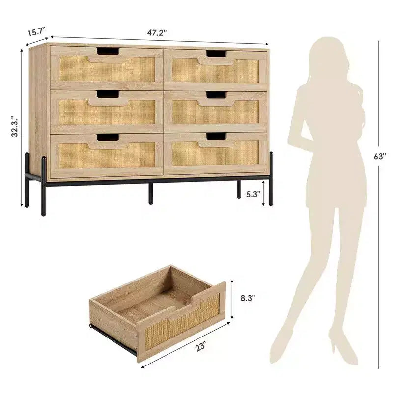 Commode en rotin naturel à 6 tiroirs, commode en bois, armoire de rangement de style ferme avec pieds en métal