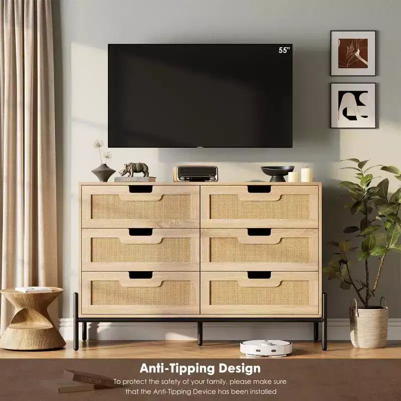 Commode en rotin naturel à 6 tiroirs, commode en bois, armoire de rangement de style ferme avec pieds en métal