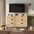 Commode en rotin naturel à 6 tiroirs, commode en bois, armoire de rangement de style ferme avec pieds en métal