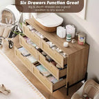 Commode en rotin naturel à 6 tiroirs, commode en bois, armoire de rangement de style ferme avec pieds en métal