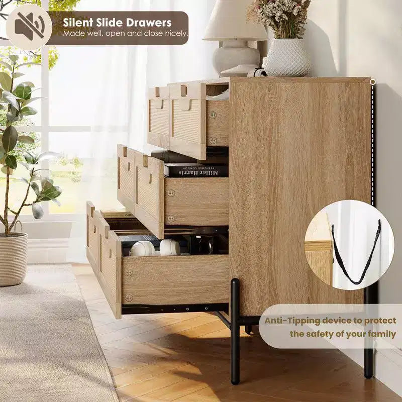 Commode en rotin naturel à 6 tiroirs, commode en bois, armoire de rangement de style ferme avec pieds en métal